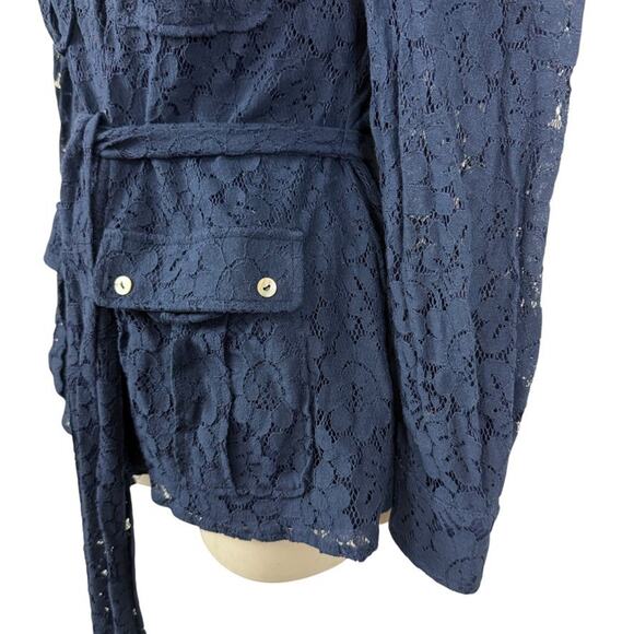 Marla Wynne Collection Navy Lace Sheer Sleeves Belted Button Up Top Blouse sz S - Picture 8 of 16